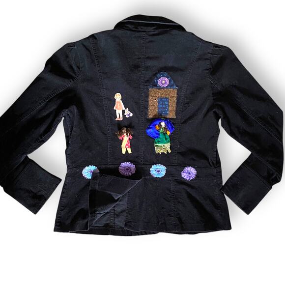 Reworked Embellished Corduroy Jacket Sz S/M Black Purple Flowers Doll People - Picture 2 of 13